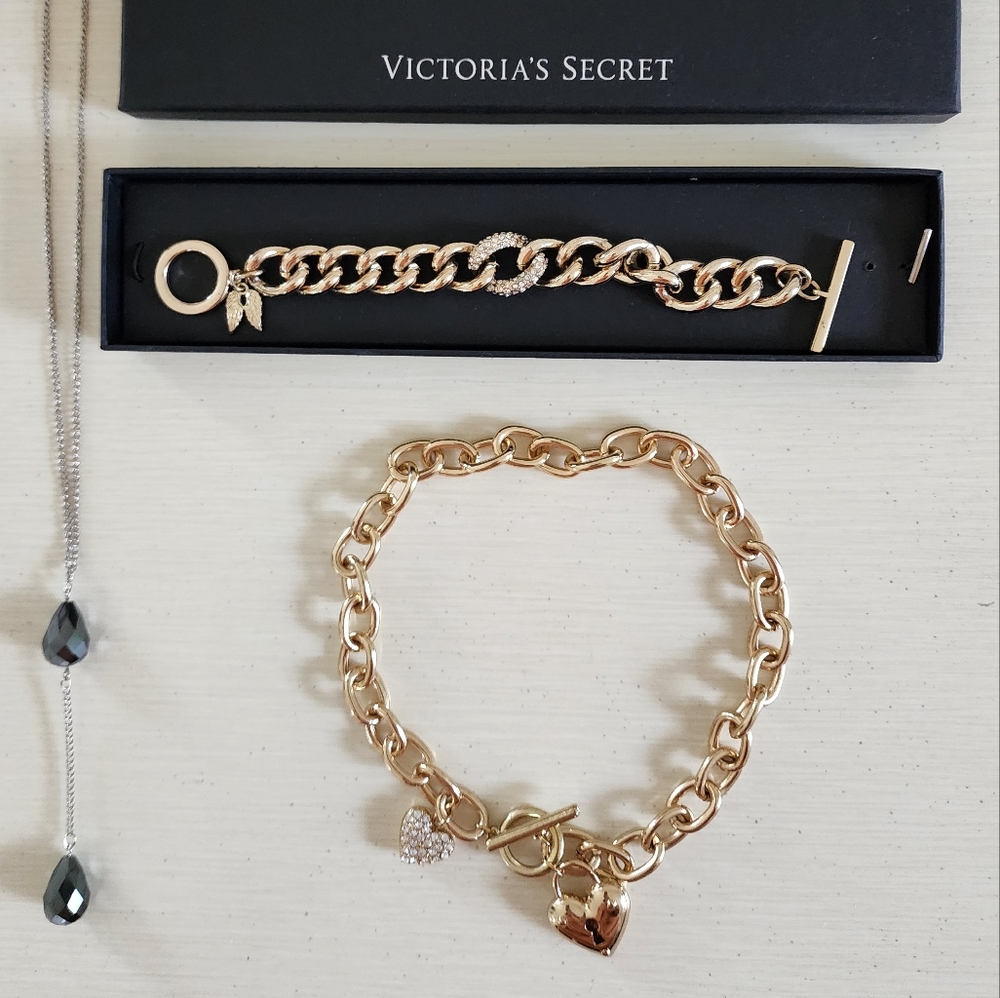 Victoria's Secret Angels Bracelet Heart Locket Choker Necklace Set Link Gold